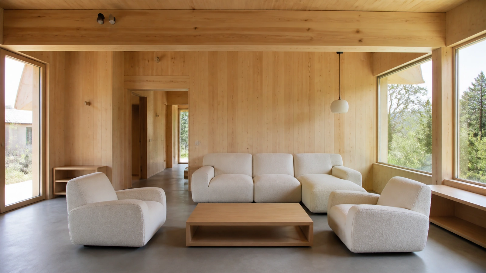 Salon d’une maison en bois, lumière naturelle